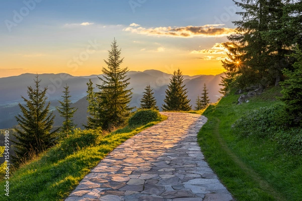 Obraz Winding Stone Mountain Path at Sunset with Evergreen Trees and Distant Peaks (2)