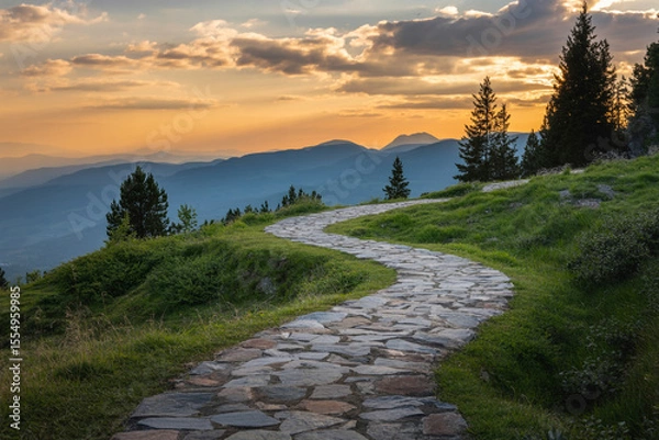 Obraz Winding Stone Mountain Path at Sunset with Evergreen Trees and Distant Peaks (2)