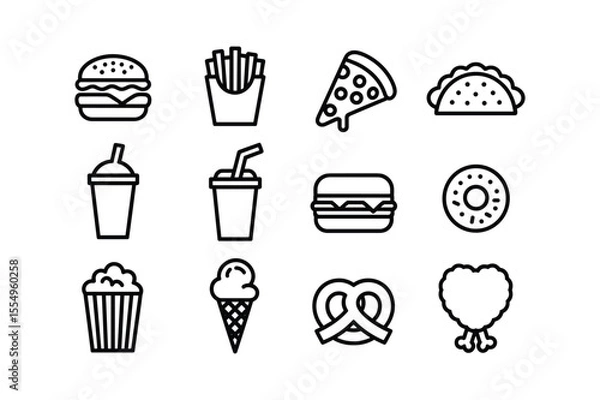 Obraz Black and White Fast Food Icon Set Burger Fries Pizza Taco Soda Popcorn Ice Cream Pretzel Chicken