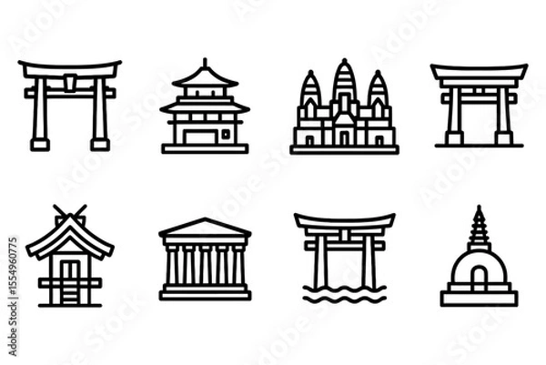 Fototapeta Iconic global architecture symbols featuring temples and shrines, vector illustration