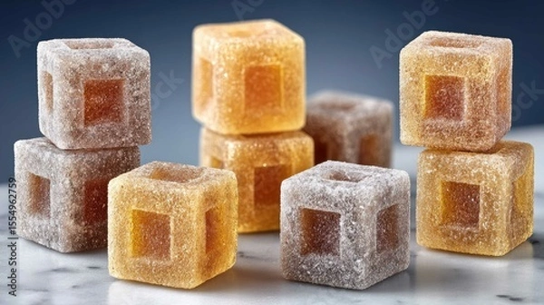 Fototapeta Close-up of luxurious caramel praline cubes with salt crystals, beautifully lit on a marble surface showcasing exquisite details and indulgent textures
