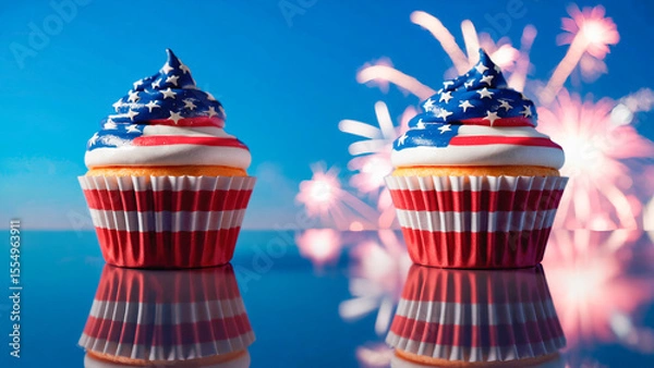 Fototapeta Patriotic cupcake with USA flag on glass table against colorful Independence Day fireworks background.