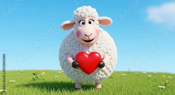 Obraz Cheerful 3D Cartoon Sheep Holding a Red Heart in a Green Meadow