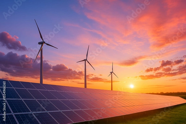Fototapeta Wind turbines and solar panels at sunset with colorful sky and clouds
