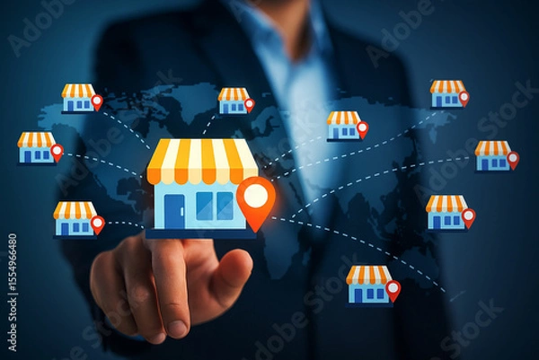Fototapeta Businessman pointing at a global network of franchise stores connected on a world map