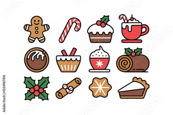 Fototapeta Christmas Treats Icon Set Gingerbread Candy Cane Cake Hot Chocolate Yule Log gingerbread man