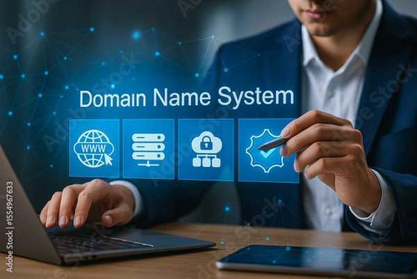 Fototapeta Businessman interacting with digital interface showing domain name system icons and network connections