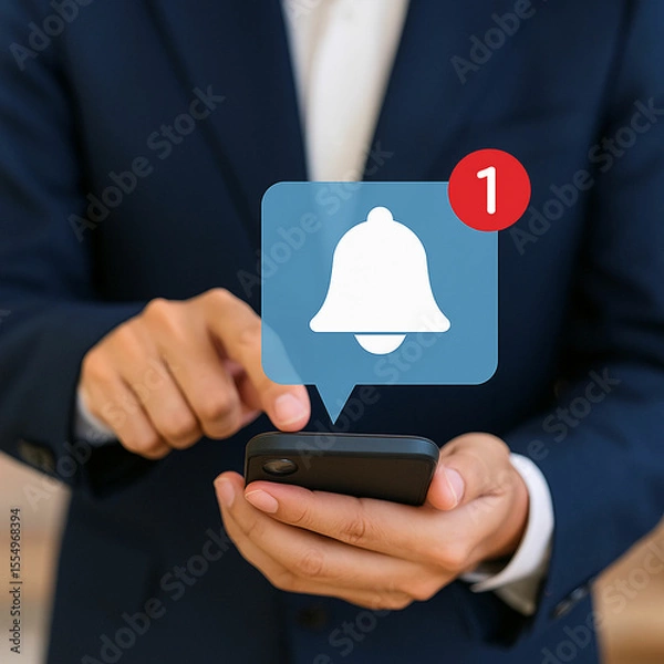 Fototapeta Person checking smartphone for a new notification alert with a bell icon