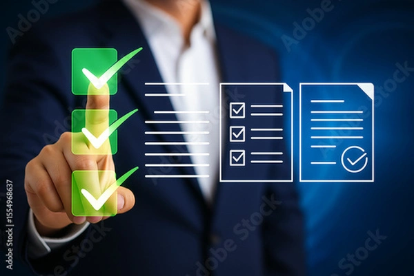 Fototapeta Businessman s finger touching digital checklist with completed tasks and approved document