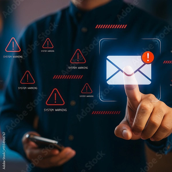 Fototapeta Person interacting with digital interface displaying system warnings and email notification