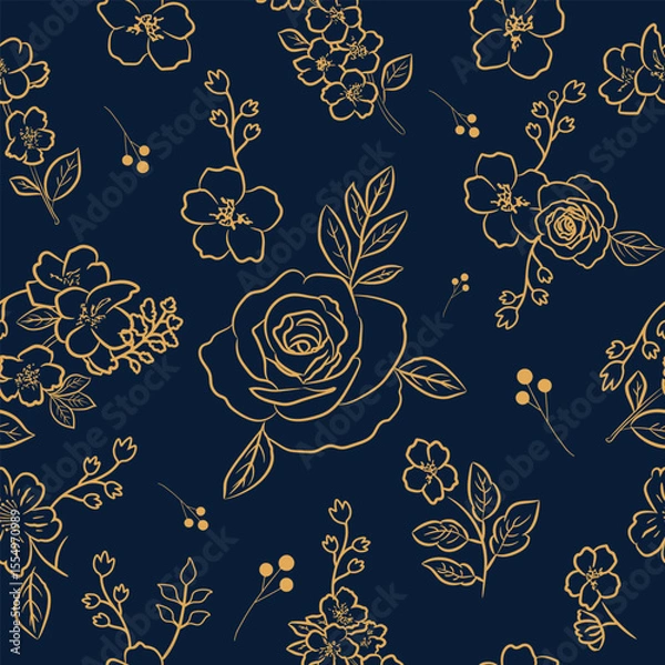 Fototapeta Seamless floral design featuring golden rose and flowers on navy blue background. ideal for branding, wrapping paper, and luxury stationery prints.
