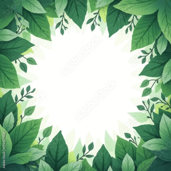 Fototapeta Lush green leaves form a vibrant frame, creating a bright, natural border around a central white space.