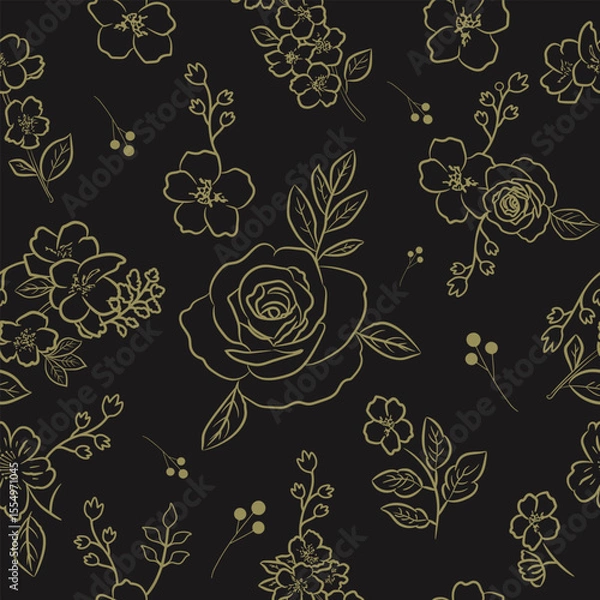 Fototapeta Luxury seamless floral pattern with golden rose and blossom line art on black background, perfect for elegant packaging and high-end branding.