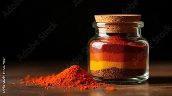 Obraz A glass jar filled with layers of colorful powder and a cork on dark background
