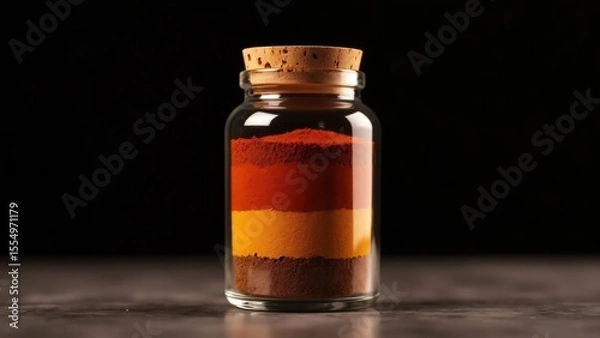 Obraz A glass jar filled with layers of colored powder and sealed with a cork lid