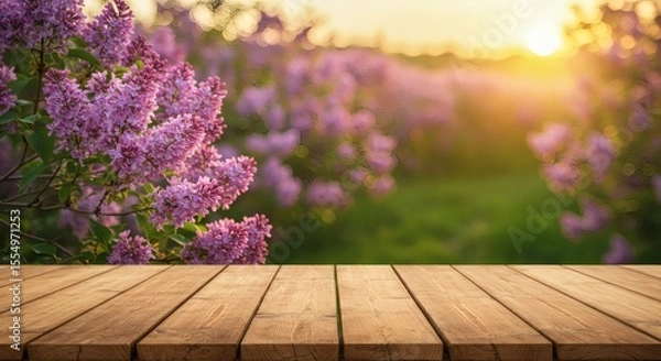 Obraz Empty wooden table facing a blooming lilac garden with soft sunset light, nature backdrop with depth of field, ideal for spring product mockups, romantic themes.