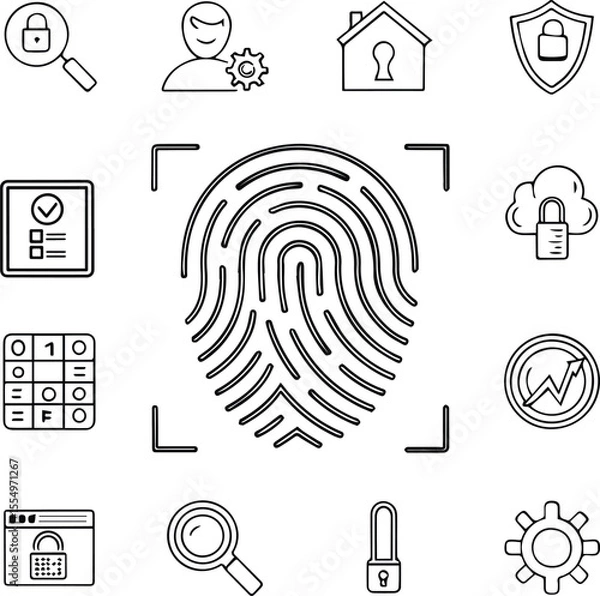 Fototapeta Set of fingerprint icon vector illustrations representing identity security and biometric technology
