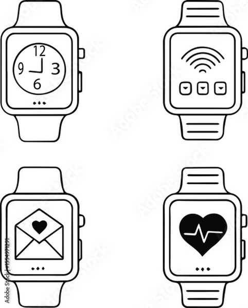 Fototapeta A versatile collection of robot vector icons, symbols, and illustrations for technology and web design, featuring smart devices, computers, and digital displays