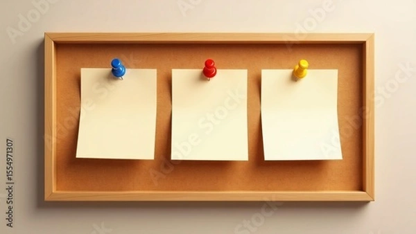 Obraz Three sticky notes pinned to a cork board with colored push pins on a wall