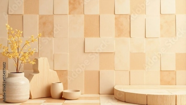 Obraz Beige aesthetic scene with vase, bowl, and platform against textured wall