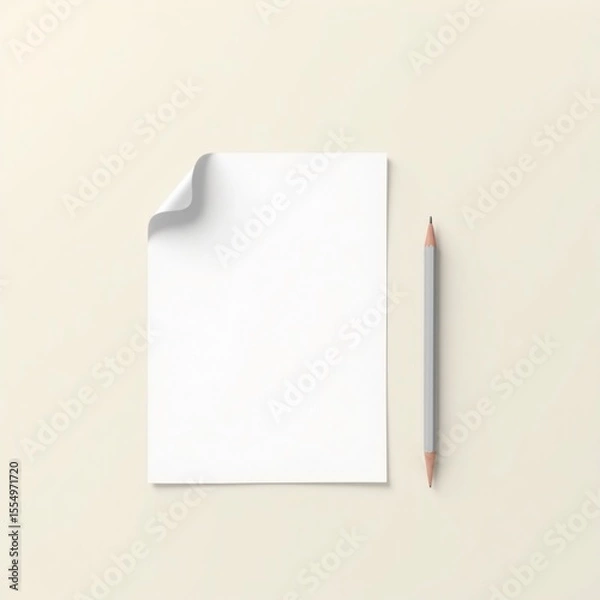 Obraz A blank sheet of paper with curled corner and a pencil on a cream surface