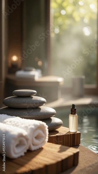 Obraz A zen spa scene with stacked stones, towels, and oil bottle near water edge