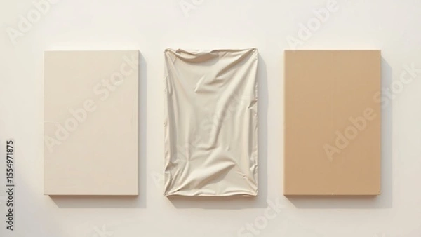 Obraz Three canvases hang on a wall, one covered in fabric, minimalist art display