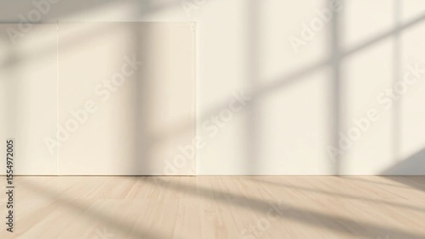 Obraz Sunlight casting shadows on a cream wall and light wood floor in an empty room