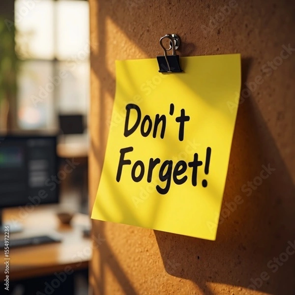 Obraz Yellow sticky note with the words don't forget attached to a cork board