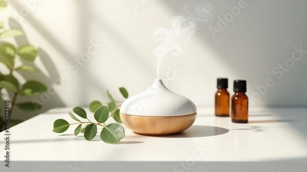 Obraz A humidifier with essential oils and a plant on a white surface in sunlight