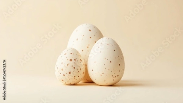 Obraz Three speckled eggs of varying sizes arranged together on a plain background