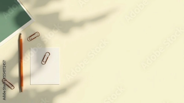 Obraz A flat lay of office supplies including a pencil and paper clips on a desk