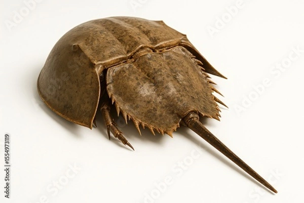 Fototapeta Horseshoe crab crawling on sandy beach with ancient armored shell, symbolizing prehistoric resilience and marine life survival in natural habitat.