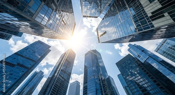 Fototapeta Looking Up At Modern Skyscrapers On A Bright Sunny Day With Blue Sky