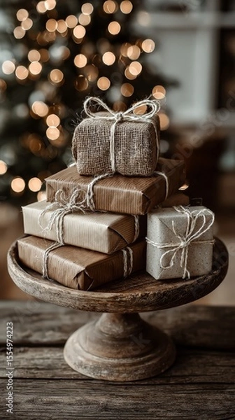 Fototapeta Rustic gift boxes on wooden stand with festive holiday background and bokeh
