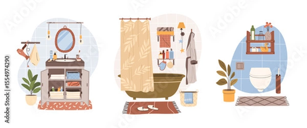 Obraz Bathroom interior decor items. Set of isolated flat illustrations. Vanity with sink, bathtub and toilet area with plants. Isolated elements in Scandinavian style for home design and hygiene concepts