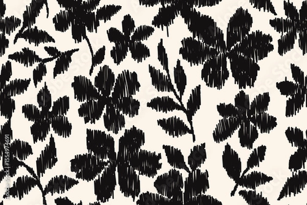Obraz Seamless floral pattern with black hand-drawn embroidered flowers and leaves on cream background, contemporary sketch style textile design for fabric, clothing, decoration and fashion use.