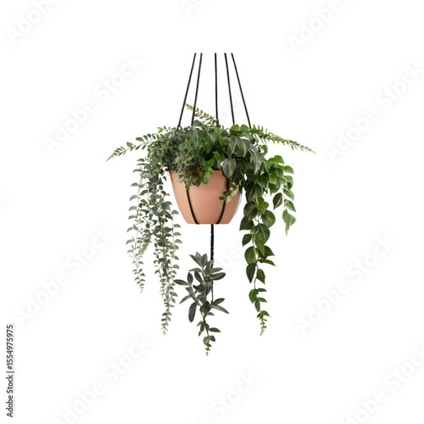 Fototapeta Hanging Planter with Assorted Green Plants and Peach Pot