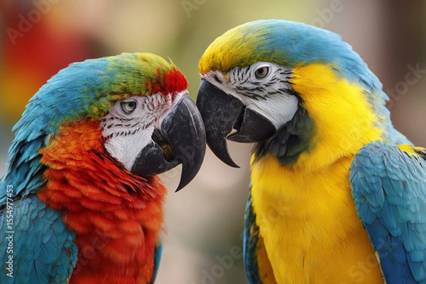 Fototapeta Close-up of two colorful parrots facing each other affectionately, soft-focus background
