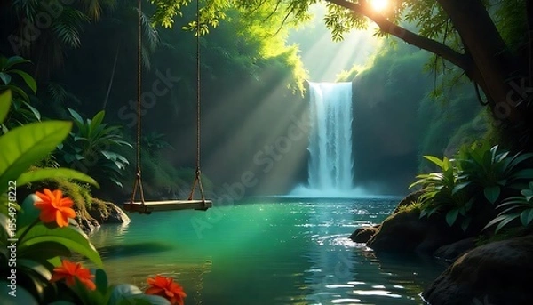 Fototapeta Peaceful Jungle Waterfall Scene with Wooden Swing Above Crystal Waters

Serene Waterfall Oasis in the Jungle Featuring a Rustic Swing

Tropical Paradise with Clear Water, Waterfall, and Hanging Wooden
