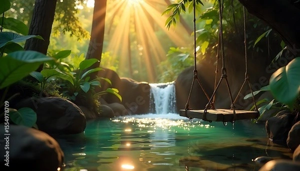 Fototapeta Peaceful Jungle Waterfall Scene with Wooden Swing Above Crystal Waters

Serene Waterfall Oasis in the Jungle Featuring a Rustic Swing

Tropical Paradise with Clear Water, Waterfall, and Hanging Wooden