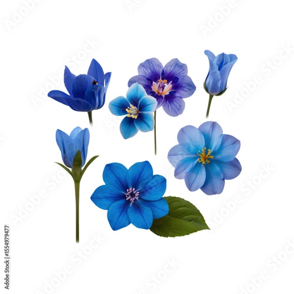 Fototapeta Collection of Vibrant Blue Flowers Isolated on Transparent Background