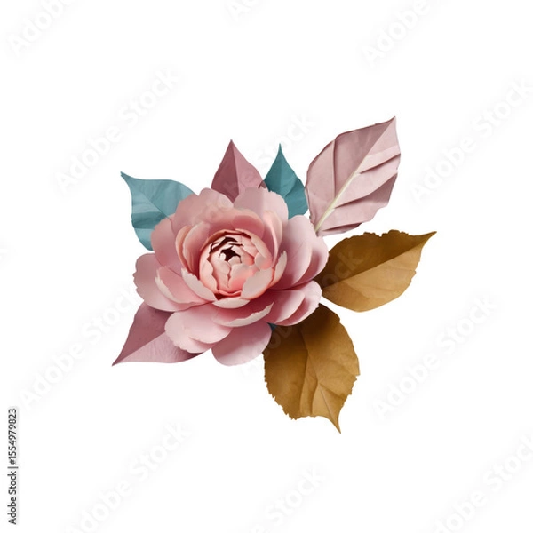 Fototapeta Elegant Paper Rose with Autumnal Leaves - Botanical Art Design Element