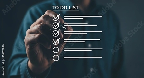 Fototapeta Man checking off items on a digital to do list with a stylus pen