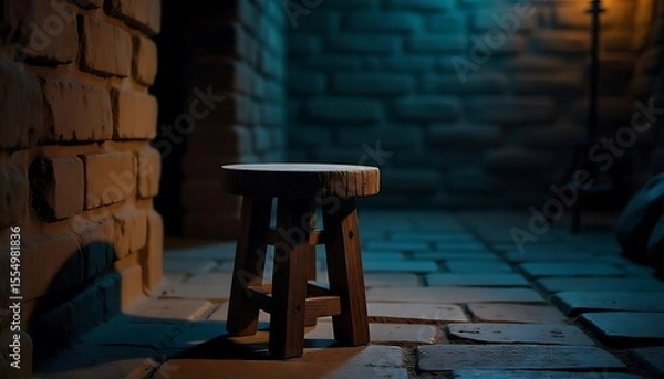 Fototapeta Rustic Wooden Stool Spotlighted in a Dark, Moody Interior Setting

Minimal Wooden Furniture in Low Light Against a Dramatic Backdrop

Artful Interior Scene Featuring Wooden Stool and Dramatic Lighting