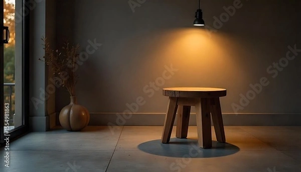 Fototapeta Rustic Wooden Stool Spotlighted in a Dark, Moody Interior Setting

Minimal Wooden Furniture in Low Light Against a Dramatic Backdrop

Artful Interior Scene Featuring Wooden Stool and Dramatic Lighting