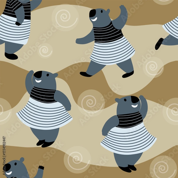 Obraz bears in dresses dancing on a colored background. seamless vector pattern