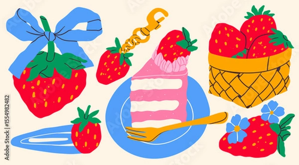 Obraz Strawberry set. Berry with bow ribbon, strawberry keychain, hair clip, basket with berries, cheesecake on plate. Hand drawn Vector illustration. Isolated design elements. Summer fresh sweets concept