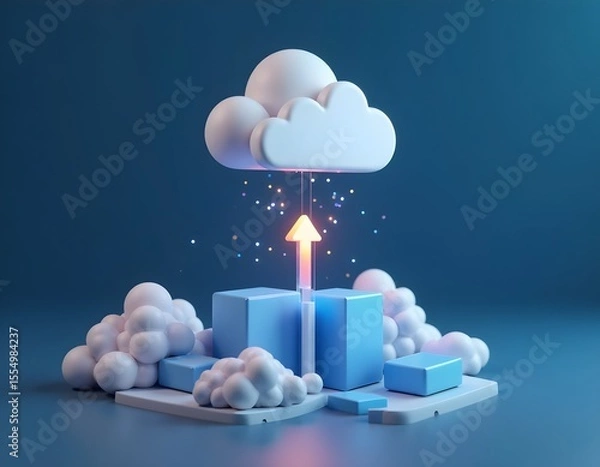 Fototapeta 3D concept of cloud technology deployment or data upload, with an arrow rising from blocks towards a cloud.