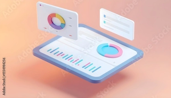 Fototapeta 3D business intelligence dashboard on a digital tablet screen showing various data analysis charts and graphs.